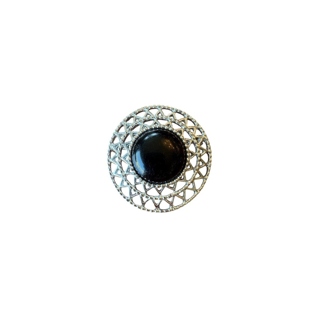 Sarah Coventry Brooch Black Round Cabochon Silver Tone Pin Vintage‎ 1.5" Signed